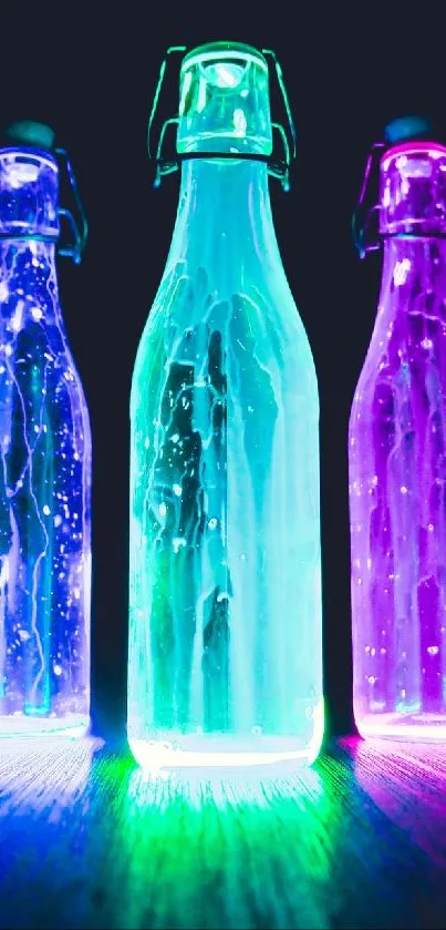 Colorful neon bottles illuminate against a dark background.