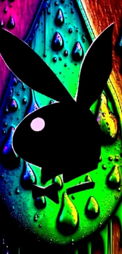 Colorful neon bunny with abstract droplets background.