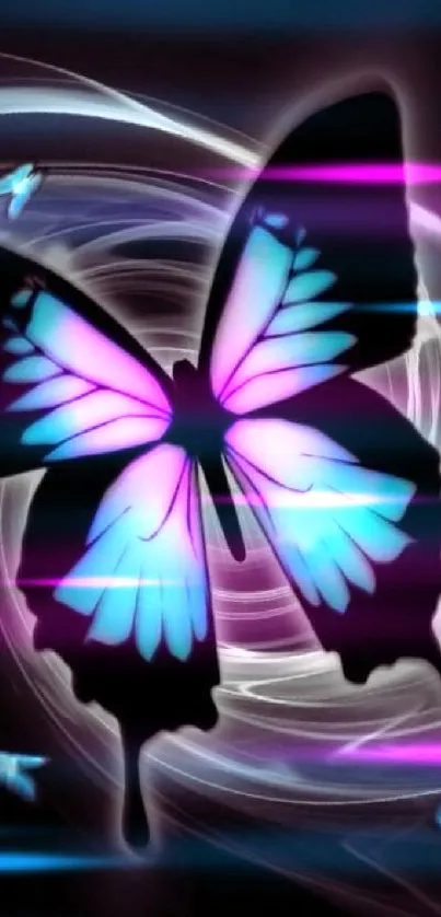 Neon butterfly glowing on dark swirl background.