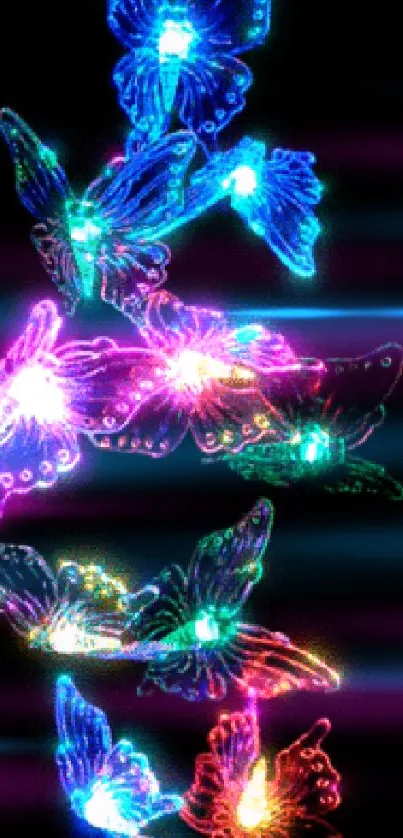 Vibrant neon butterflies glowing on a black background.