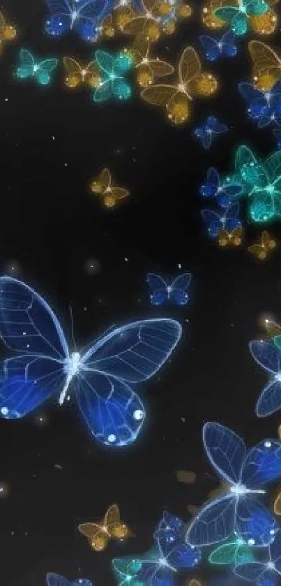 Vibrant neon butterflies on a dark background wallpaper.