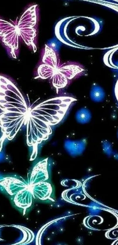 Vibrant neon butterflies with swirling designs on a black background.