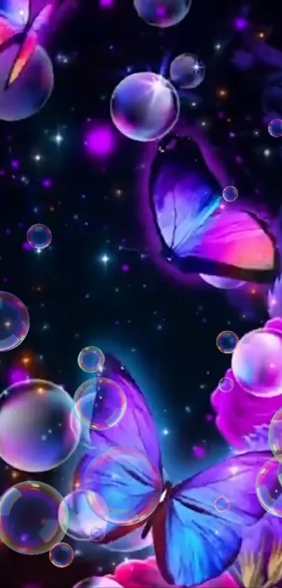 Vibrant neon butterflies with bubbles against a starry background.