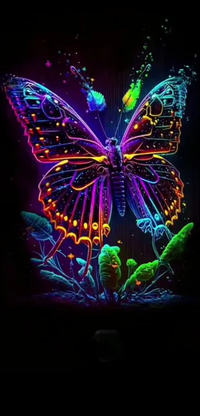 Colorful neon butterfly with glowing effects on a dark background.