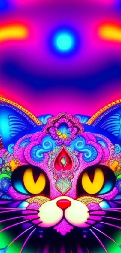 Vibrant neon psychedelic cat artwork with detailed patterns and bright colors.