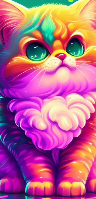 Colorful neon cat art with vibrant hues of orange and pink for phone wallpaper.