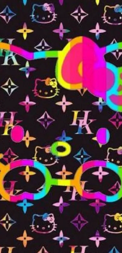 Colorful neon cat wallpaper with vibrant patterns on a black background.