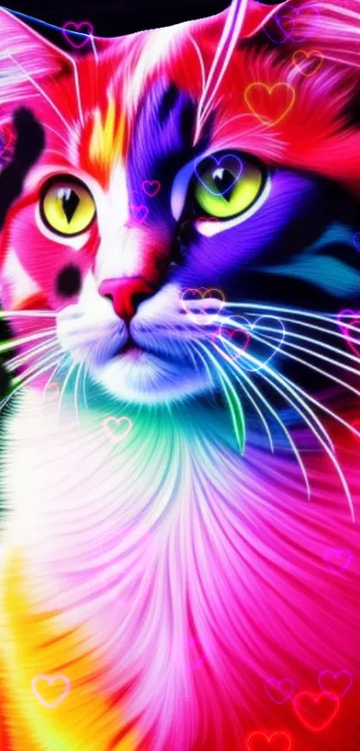 Vibrant neon cat with colorful heart accents.