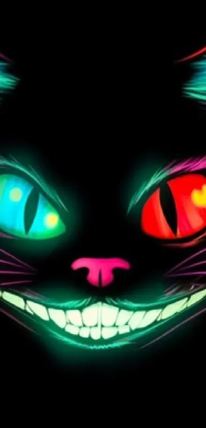 Neon cat with colorful glowing eyes, vivid mobile wallpaper.