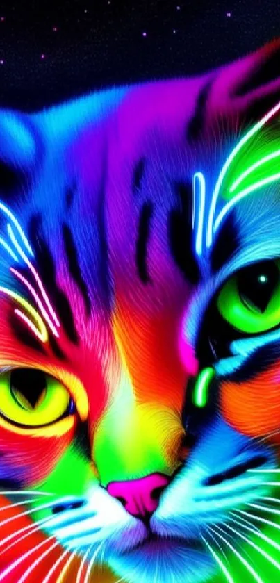 Vibrant neon cat with rainbow colors and striking green eyes.