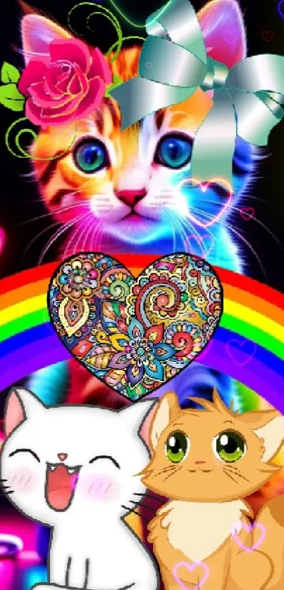 Colorful neon cat with bow, rainbow, and floral heart pattern.