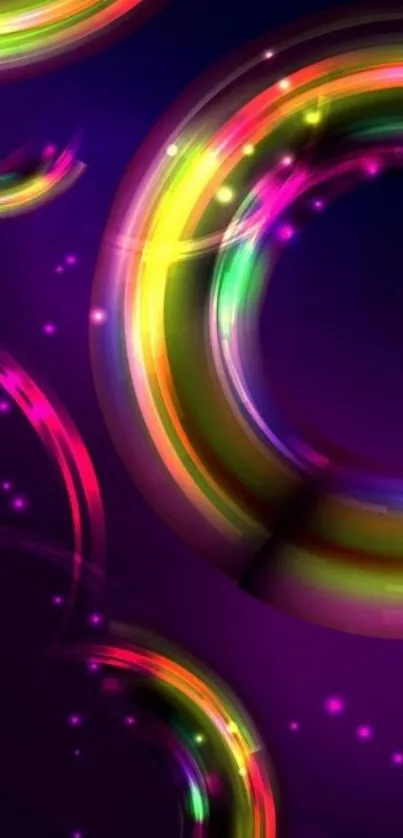 Colorful neon circle design on a purple background.