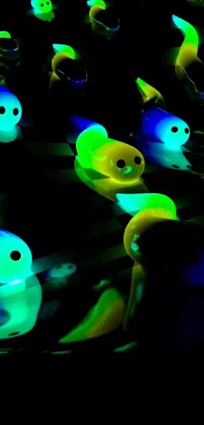 Neon creatures glowing in blue and green hues on a dark mobile wallpaper background.