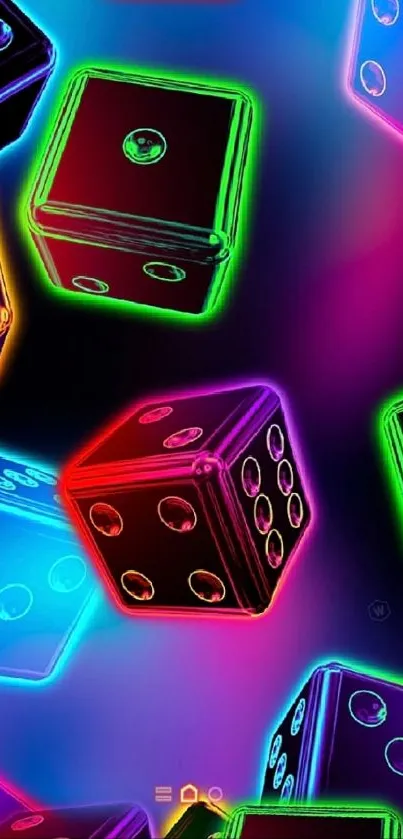 Colorful neon dice with glowing edges in various hues.