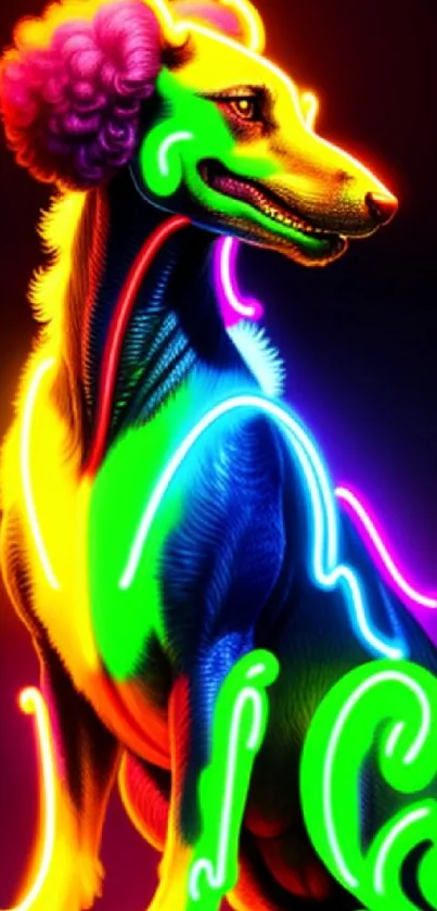 Vibrant neon artwork of a colorful dog sitting on a dark background.