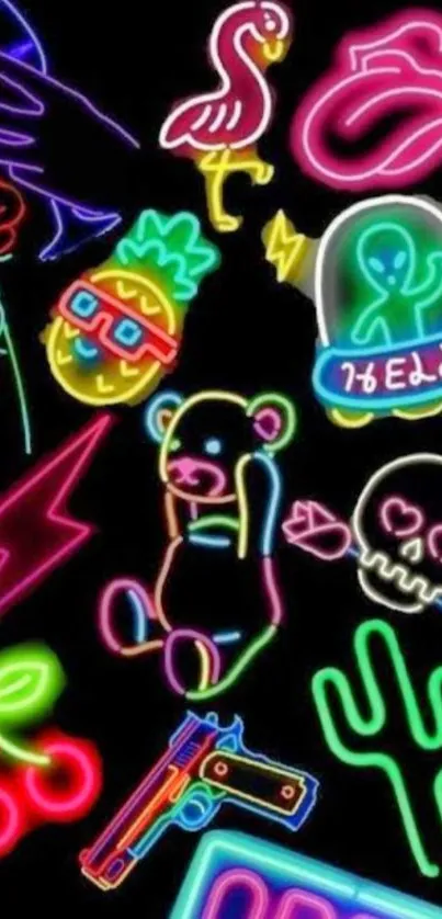 Colorful neon doodle wallpaper on black background.