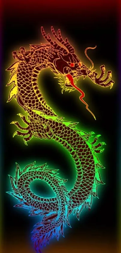 Vibrant neon dragon on black background.