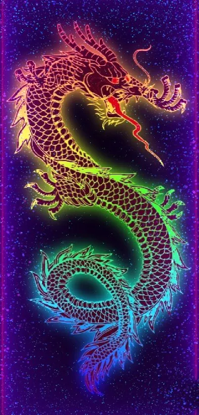 Colorful neon dragon on a dark background, vibrant and eye-catching.