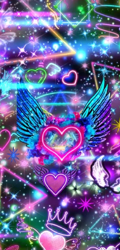 Neon dreamscape wallpaper with hearts and wings.