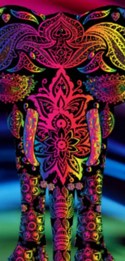 Vibrant neon elephant art with intricate psychedelic patterns.