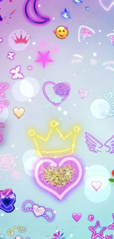 Vibrant pastel wallpaper with neon emojis, hearts, and crowns.