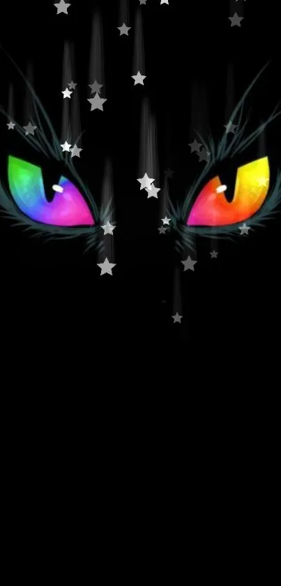 Vibrant neon eyes with starry accents on a dark background for mobile wallpaper.