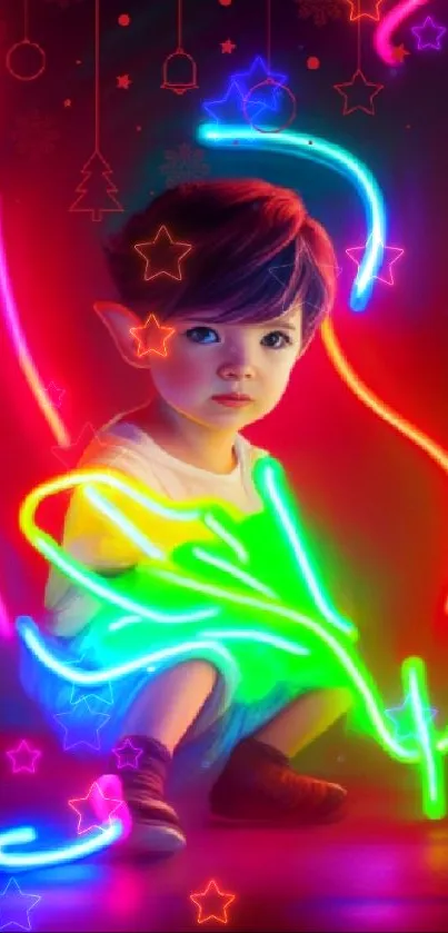 Child with elf ears in a neon-lit vibrant scene.