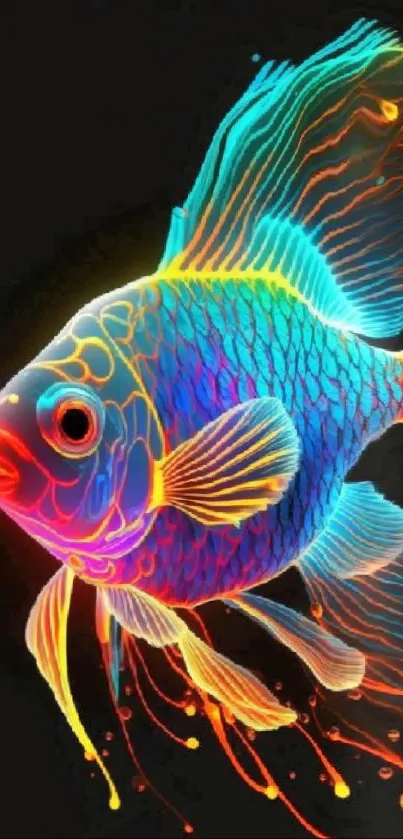 Vibrant neon fish with colorful fins on a black background.