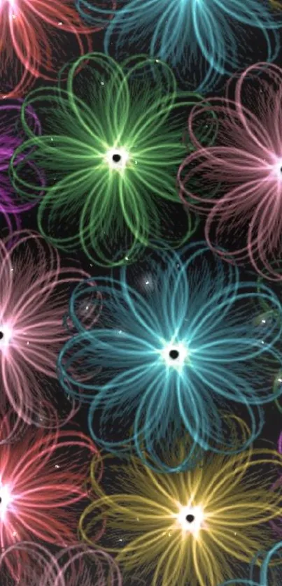 Colorful neon floral wallpaper with black background.