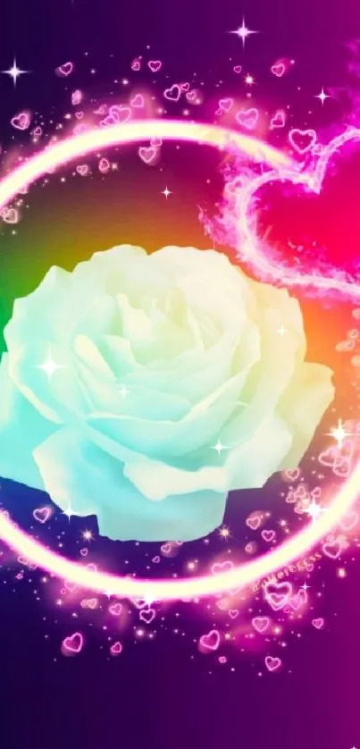 Neon heart encircles a white rose with colorful sparks on a purple background.