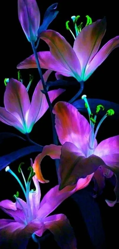 Neon flowers against a dark background in vibrant colors.