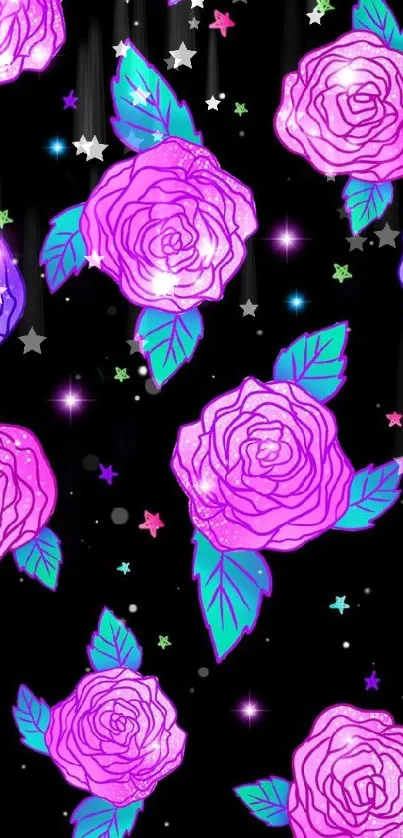 Neon roses and stars on a black background wallpaper.