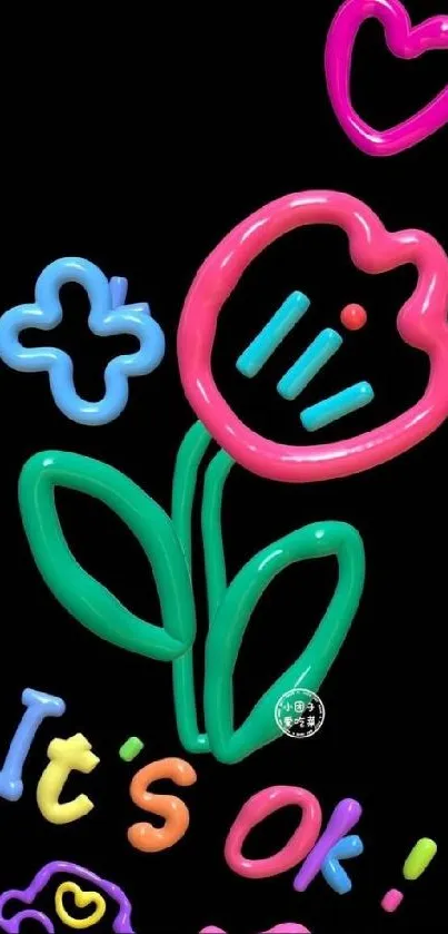 Colorful neon flower art on black background.