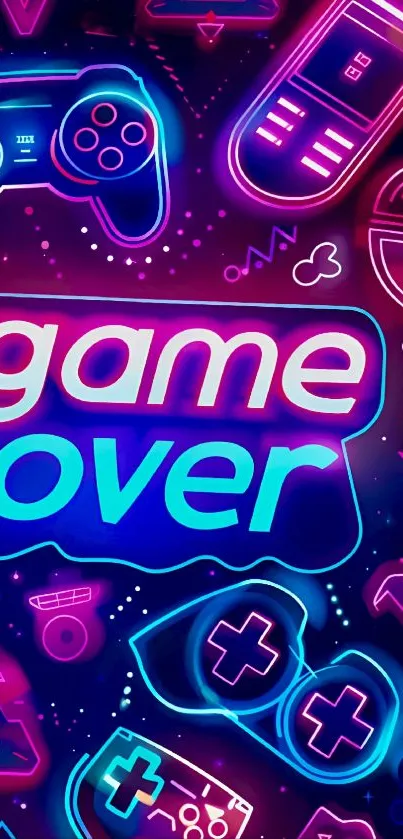 Neon themed wallpaper with gaming icons and 'game over' text.
