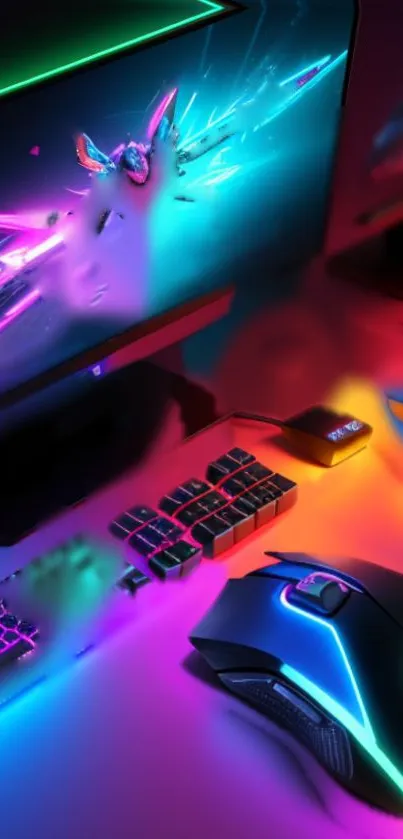 Neon gaming setup with colorful RGB lights and tech accessories.