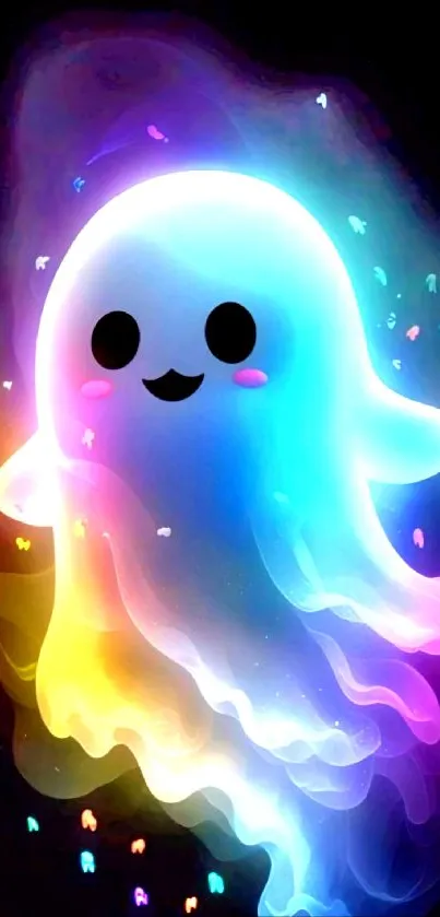 A cute, colorful neon ghost with vibrant, glowing colors on a black background.