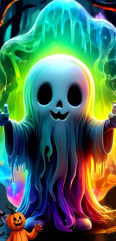 Colorful neon ghost in a vibrant Halloween theme with pumpkins.