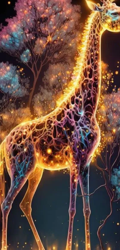 Neon giraffe stands illuminated against a mystical forest backdrop.