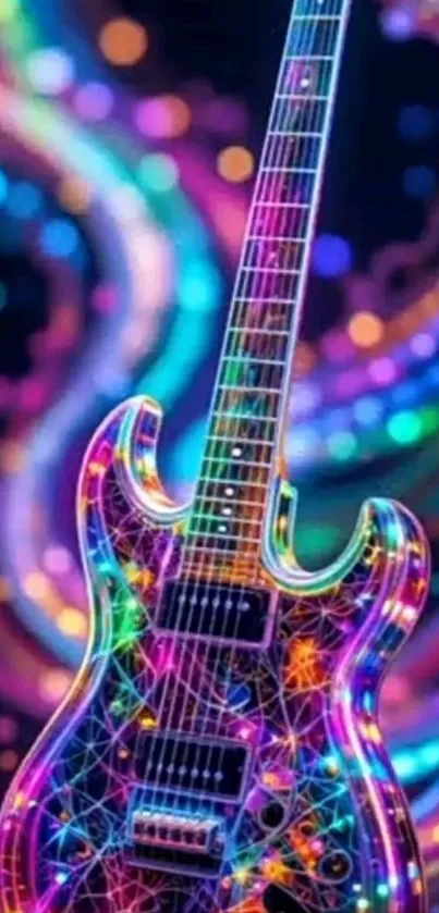 Neon guitar with colorful light patterns in a vibrant artistic design.