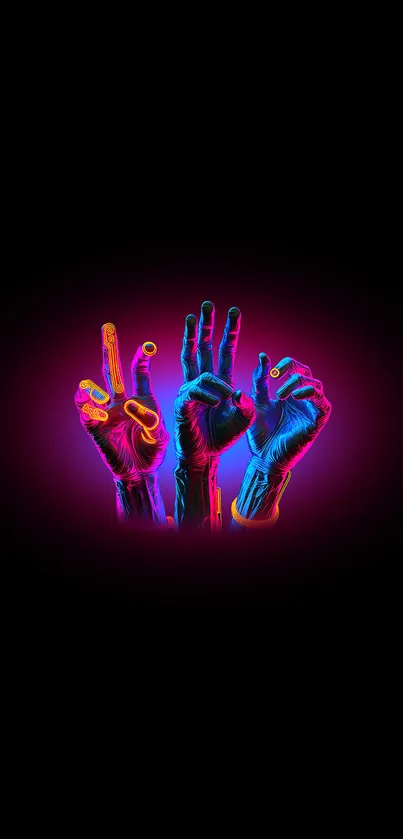 Vibrant neon hands on black background, colorful mobile wallpaper.