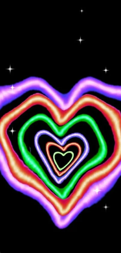 Colorful neon heart design on black background.