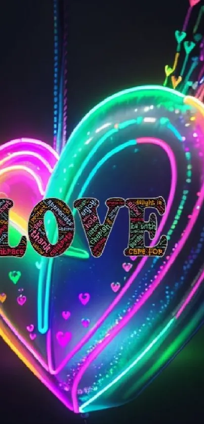 Colorful neon heart with the word 'LOVE' glowing vibrantly.