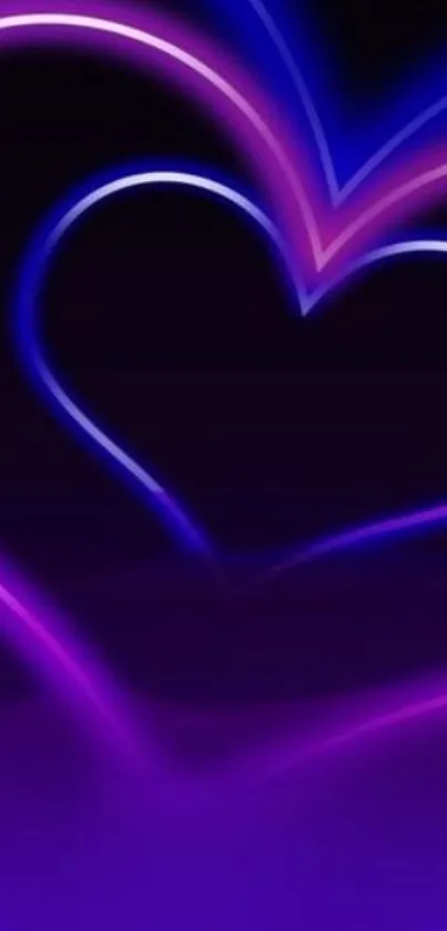 Vibrant neon heart wallpaper in purple and blue hues for mobile display.