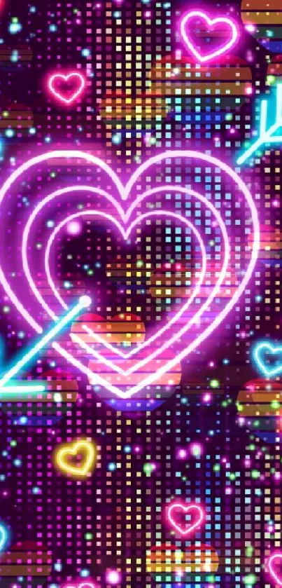 Colorful neon heart wallpaper with glowing arrows on a vibrant background.