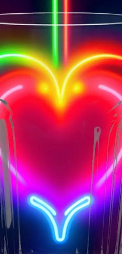 Colorful neon heart with glowing lights on a mobile wallpaper.