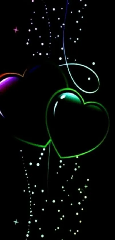 Vibrant neon hearts with glowing lines on a black background.