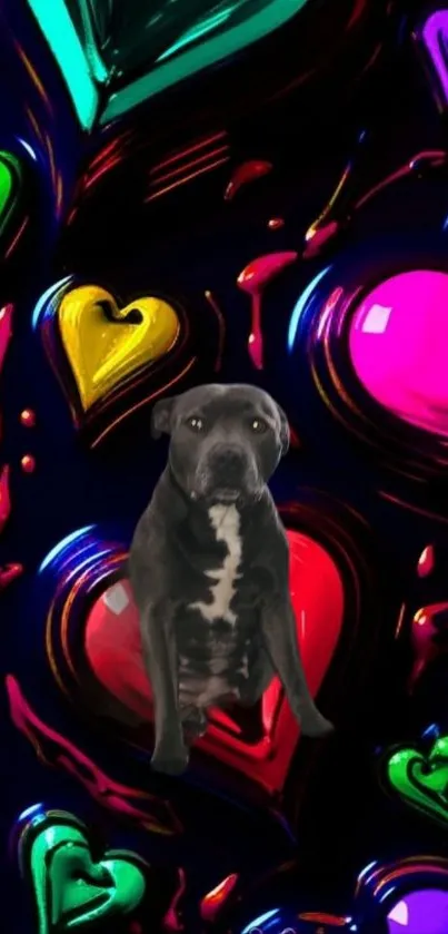 Mobile wallpaper with neon hearts and a cute dog.