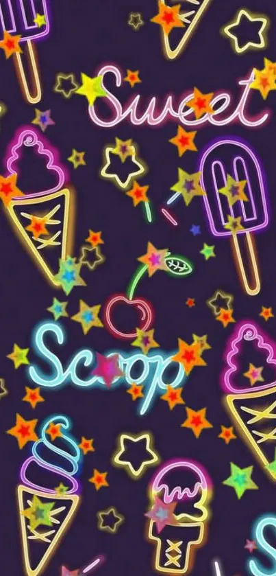 Neon ice cream and stars on dark wallpaper.