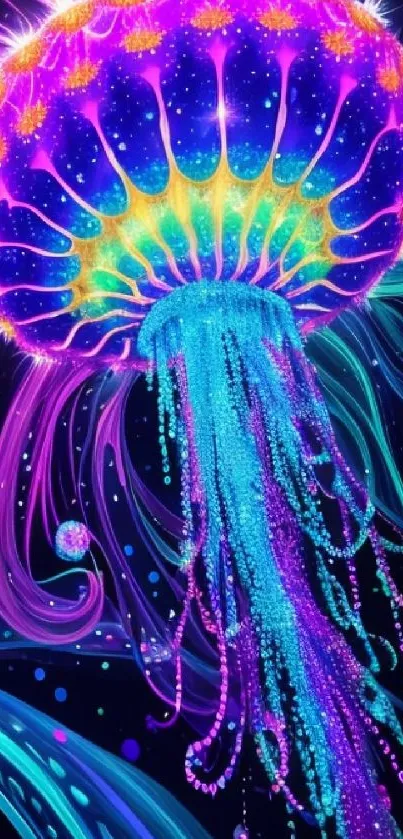 Vibrant neon jellyfish wallpaper with swirling colors.