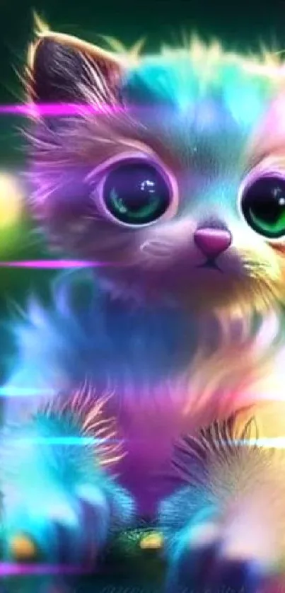 Adorable neon kitten glowing in vibrant, colorful scenery.